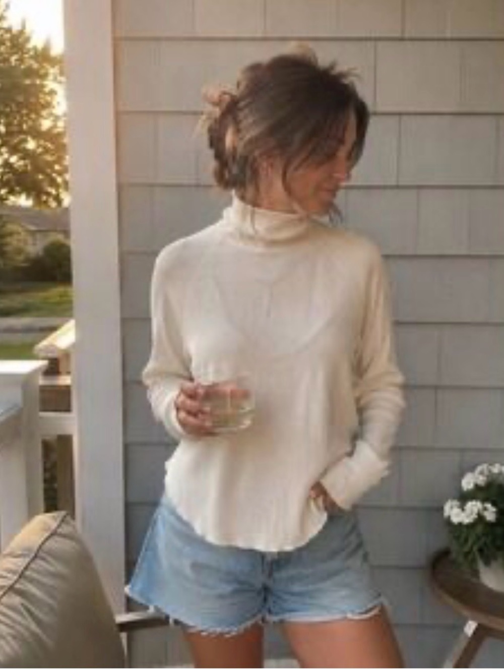 Everlane Organic Cotton Waffle Knit Turtleneck Top Cream Small